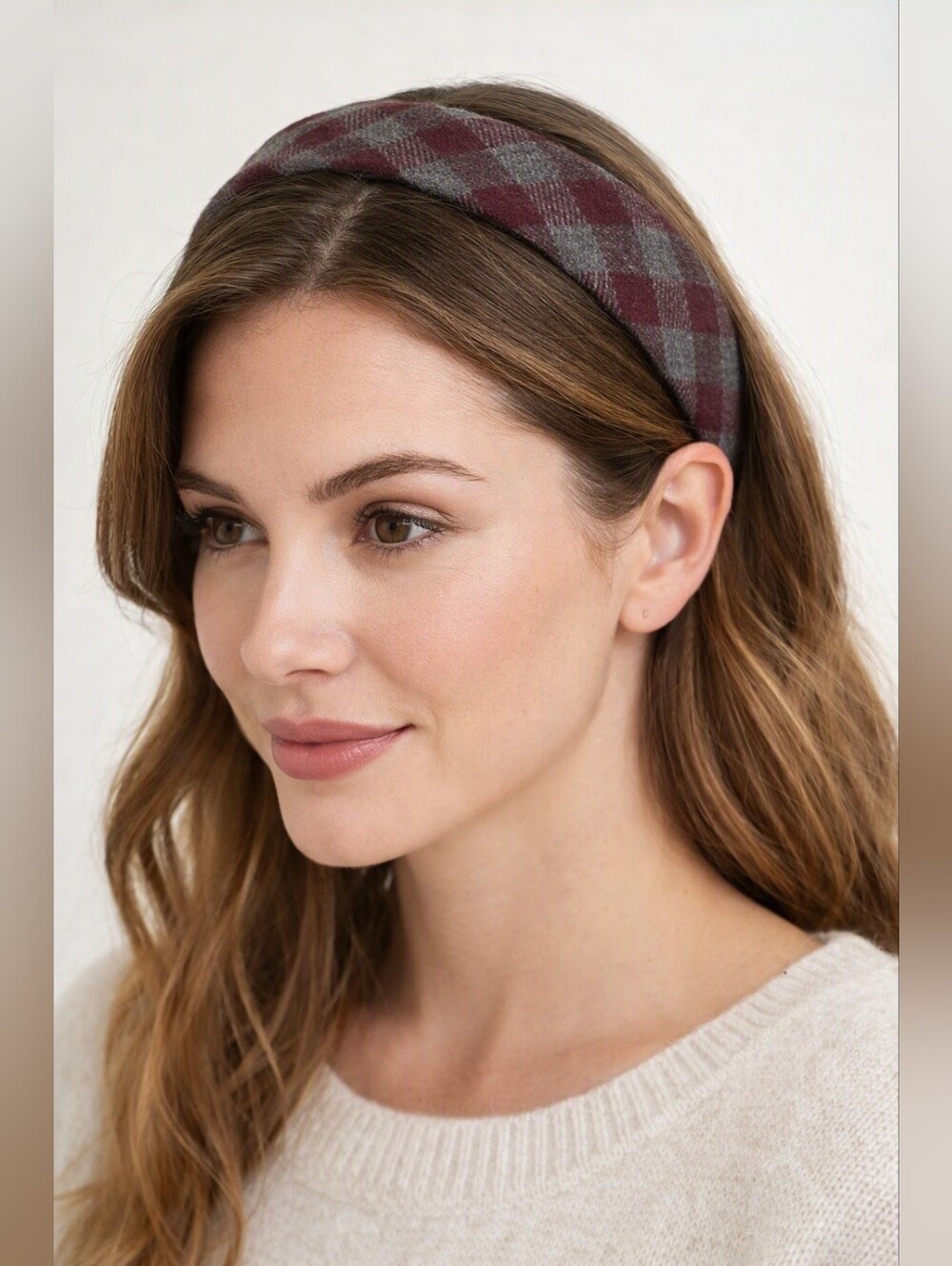 Chic Plaid Padded Headband in Burgundy & Gray